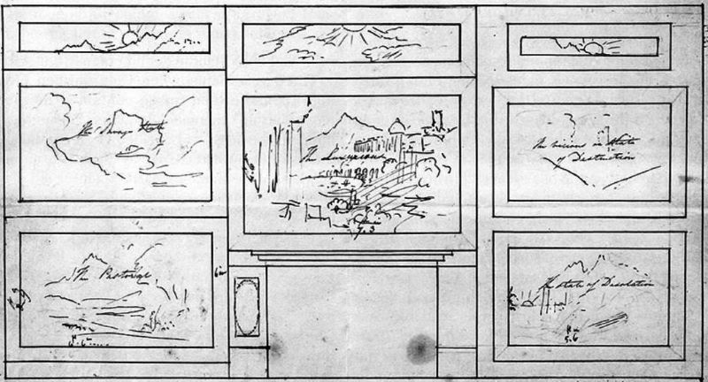Thomas Cole's 1833 sketch of the arrangement of his series of paintings, 